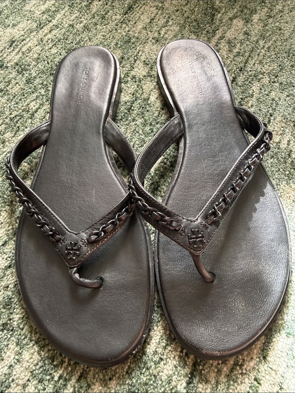 Tory Burch Black Leather Chain-Trim Thong Sandals